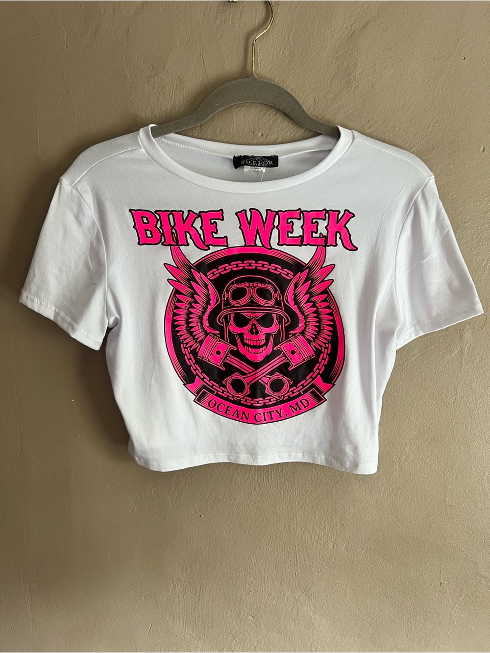 Bike Week White Crop Tee with Neon Pink Skull Graphic